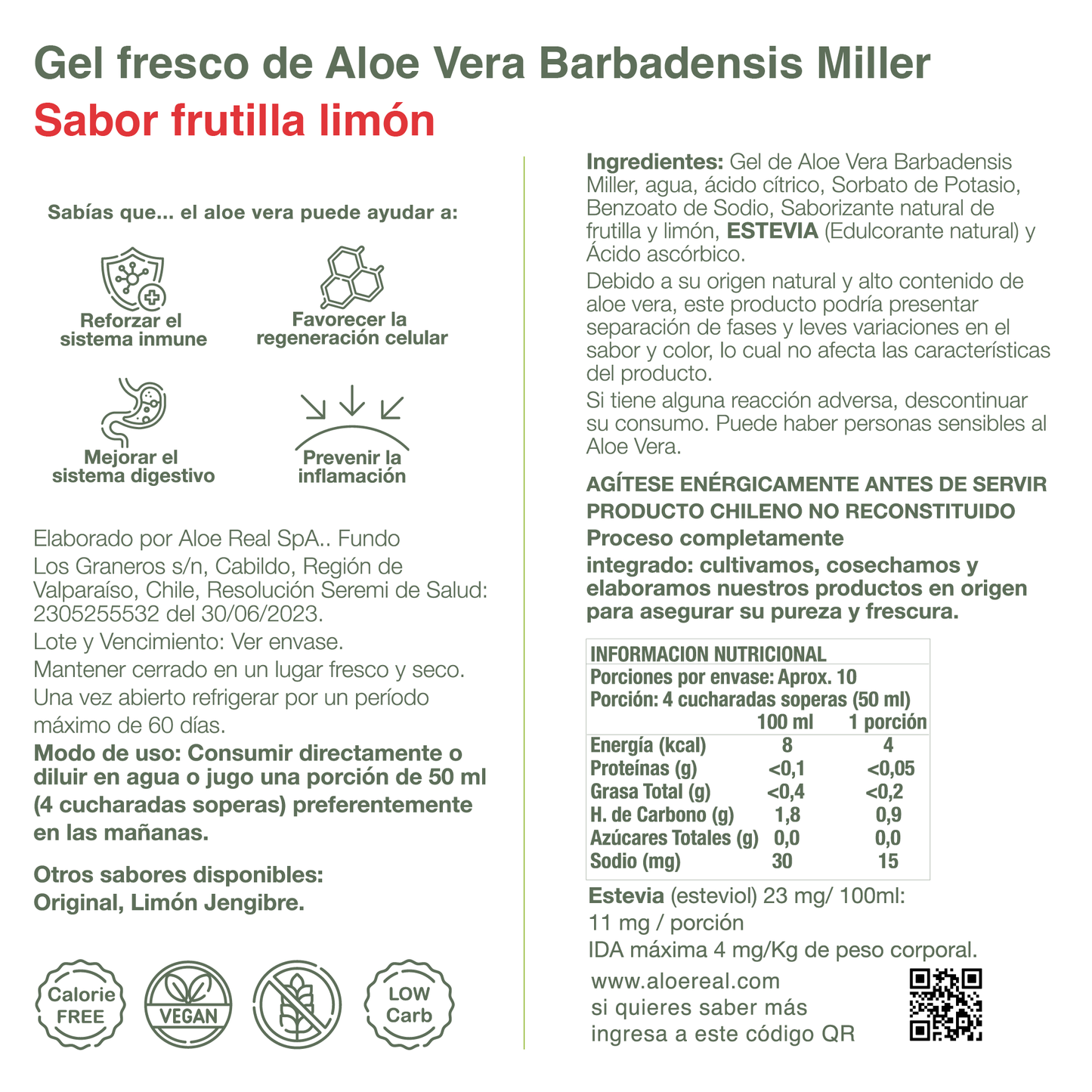 Gel fresco de 90% Aloe Vera - Sabor Frutilla Limón - 500 ml