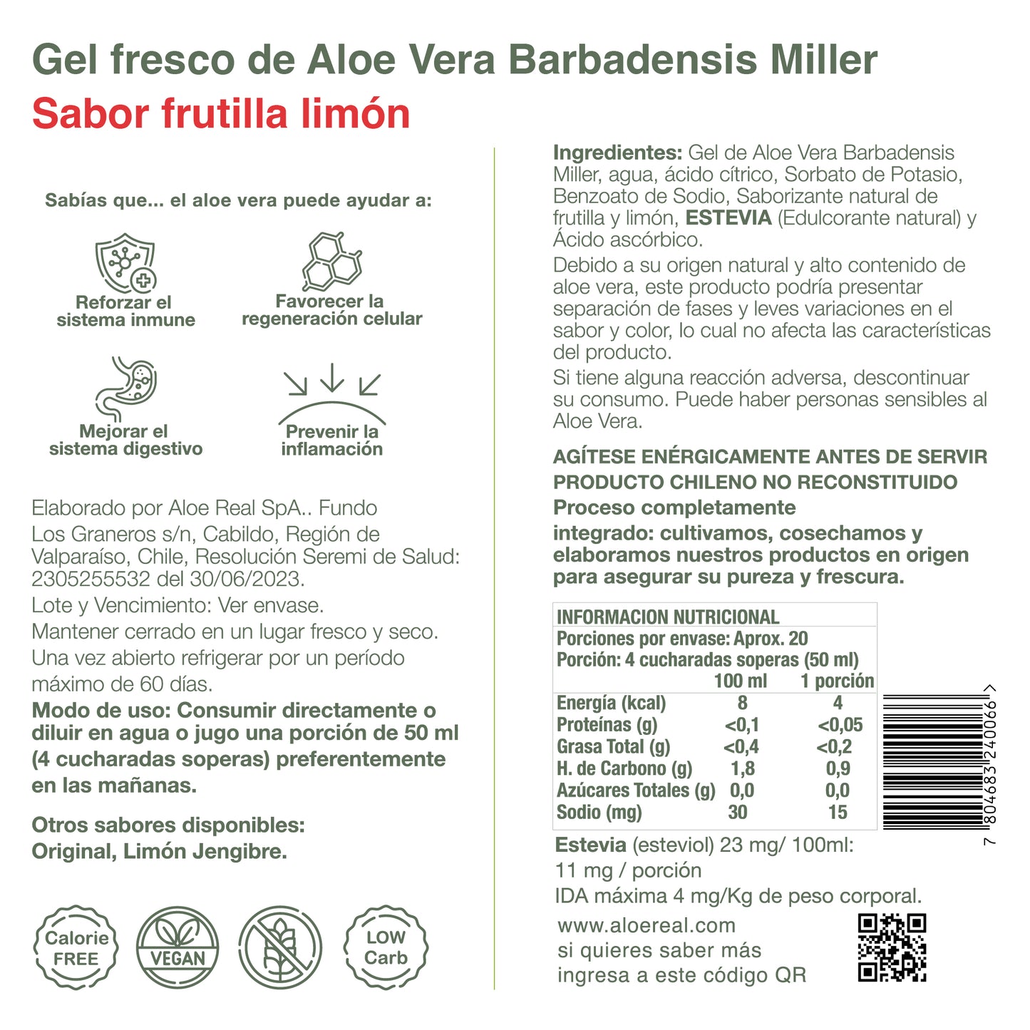 Pack 6 botellas - Gel fresco de 90% Aloe Vera - Sabor Frutilla Limón - 980 ml