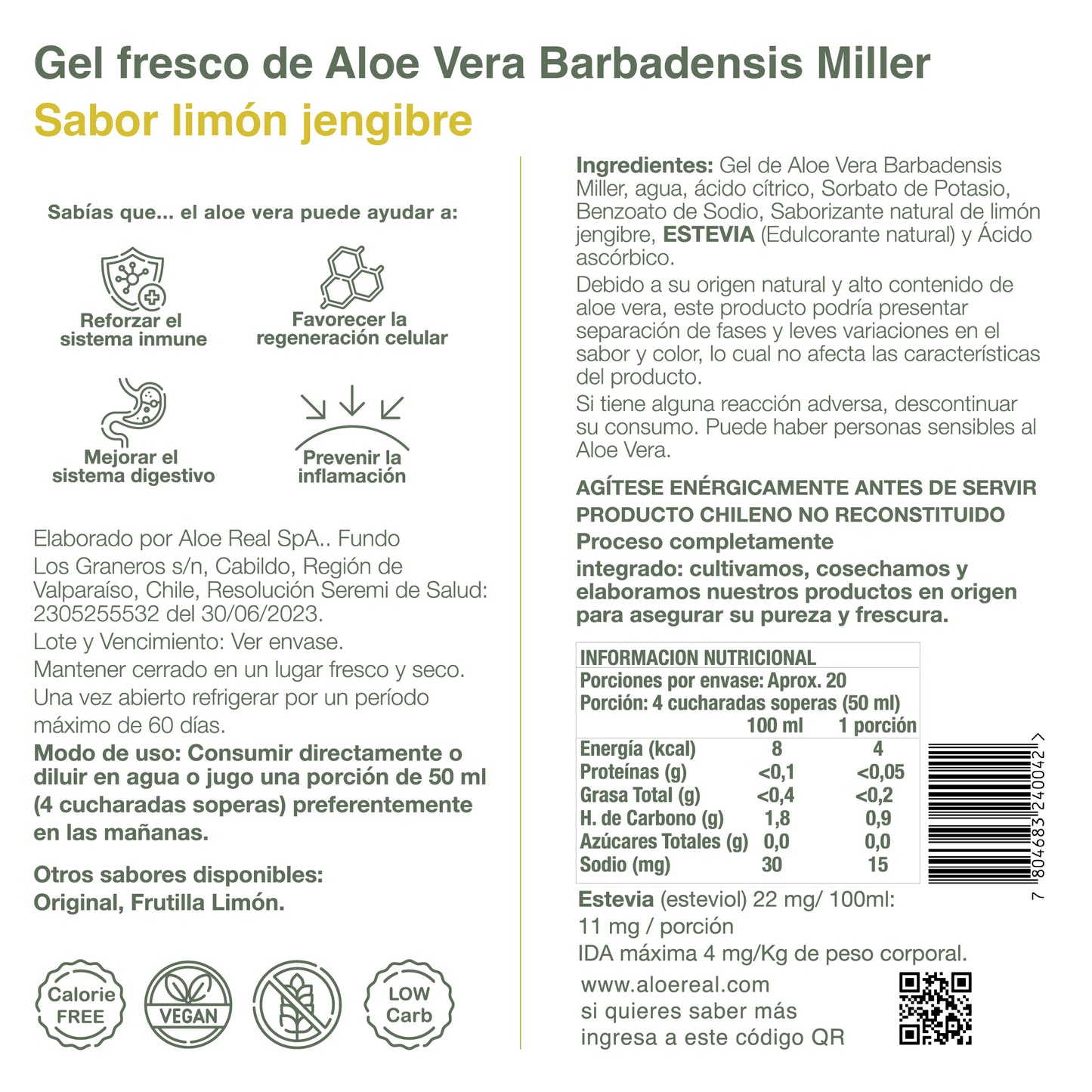 Gel fresco de 90% Aloe Vera - Sabor Limón Jengibre - 980 ml