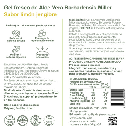 Gel fresco de 90% Aloe Vera - Sabor Limón Jengibre - 980 ml