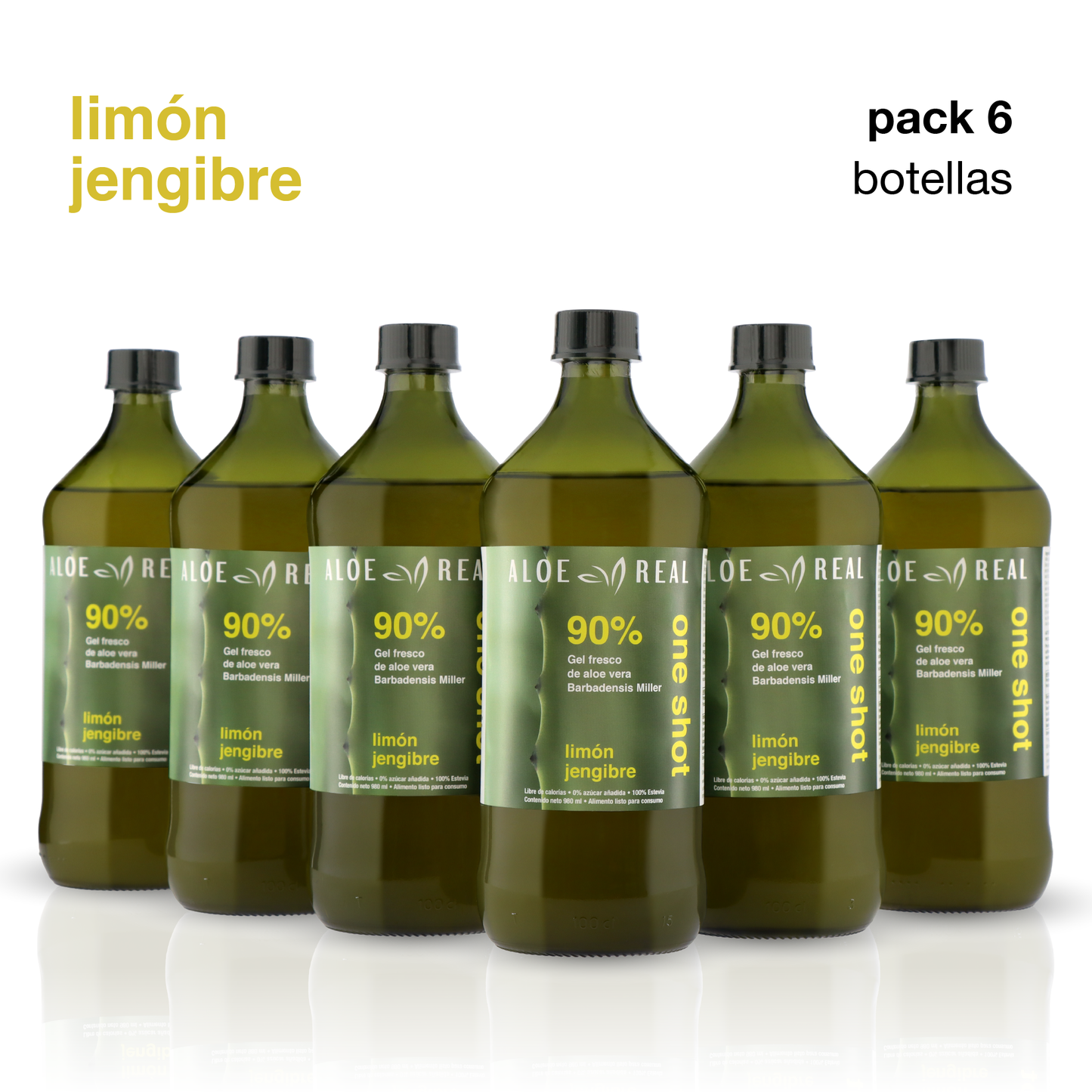 Pack 6 botellas - Gel fresco de 90% Aloe Vera - Sabor Limón Jengibre - 980 ml