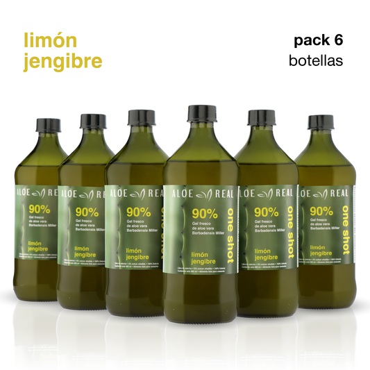 Pack 6 botellas - Gel fresco de 90% Aloe Vera - Sabor Limón Jengibre - 980 ml